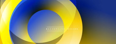 Soyut tasarım. Üst üste binen daireler dinamik görsel efekt yaratır. Mavi, sarı, gri renkler düzgün bir şekilde harmanlanır. Arkaplan ve sunumlar için modern estetik.