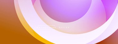 Soyut tasarım özellikleri üst üste binen daireler, gradyanlar. Renkler arasında mor, turuncu, sarı var. Düz şekiller modern estetik yaratır..