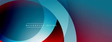 Soyut tasarım. Üst üste binen daireler dinamik bileşim yaratır. Mavi, kırmızı, turkuaz renkler. Modern estetik. Sorunsuz geçişler. Minimalist stil.