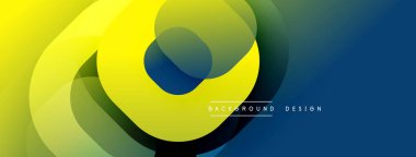 Soyut tasarım. Üst üste binen daireler dinamik bileşim yaratır. Sarı, yeşil, mavi renkler düzgün bir şekilde harmanlanır. Modern estetik, canlı renkler, basit şekiller..