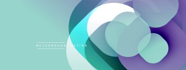 Soyut geometrik şekiller çakışıyor. Teal, mor, beyaz renkler modern tasarım yaratır. Pürüzsüz gradyanlar derinlik ekler. Minimalist estetik.