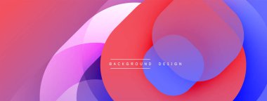 Soyut tasarım özellikleri üst üste biniyor. Canlı kırmızı, mavi, mor renkler modern estetik yaratıyor. Minimalist metin arka plan tasarımı okur. Yumuşak eğimler derinlik ekler.