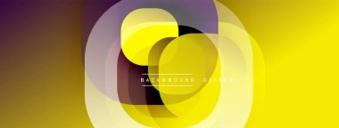 Soyut tasarım. Üst üste binen daireler dinamik bileşim yaratır. Sarı, mor renkler modern estetiği oluşturur. Yumuşak geçişler, canlı renkler.
