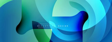 Soyut sıvı şekiller, parlak mavi, yeşil renkler. Üst üste binen katmanlar derinlik yaratır, modern tasarım. Yumuşak eğimler, dinamik bileşimler.