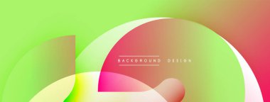 Parlak, renkli soyut tasarım. Yumuşak eğimler yeşil, pembe ve kırmızıyı harmanlıyor. Üst üste binen eğriler dinamik bileşim yaratır. Modern estetik.