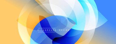 Soyut tasarım. Üst üste binen daireler dinamik bileşim yaratır. Mavi, turuncu, beyaz renkler düzgün bir şekilde harmanlanır. Modern estetik, arka planlar ve sunumlar için uygun..