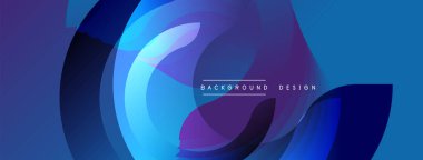Soyut tasarım. Üst üste binen şekiller dinamik bileşim yaratır. Mavi, mor renkler baskın gelir. Modern estetik. Yumuşak eğimler, zarif bir his..