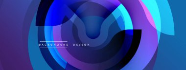 Soyut tasarım. Üst üste binen daireler dinamik bileşim yaratır. Mavi, mor renkler baskın gelir. Modern estetik. Minimalist tarzda. Yumuşak eğimler.