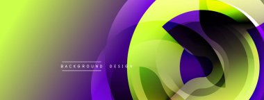 Soyut tasarım. Canlı mor, yeşil renkler harmanlanmış. Üst üste binen daireler dinamik görsel efekt yaratır. Modern, şık arkaplan.