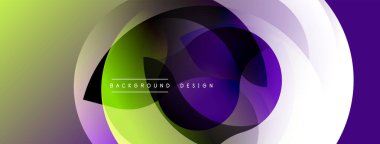 Soyut tasarım, canlı renkler, üst üste binen şekiller. Mor, yeşil, beyaz gradyanlar dinamik bileşim oluşturur. Modern estetik, pürüzsüz geçişler.
