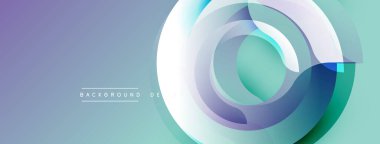 Soyut tasarım. Üst üste binen daireler dinamik bileşim yaratır. Yumuşak gradyanlar mavi, yeşil, mor renkleri harmanlarlar. Minimalist estetik. Modern, temiz sunum.