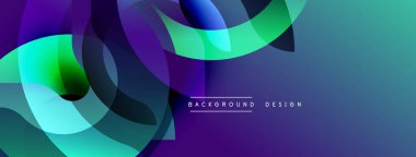 Soyut enerjik şekiller örtüşür, dinamik bileşim yaratır. Mavi, yeşil, mor renkler kusursuz bir şekilde harmanlanır. Modern tasarım, düzgün gradyanlar, sanatsal ifade.