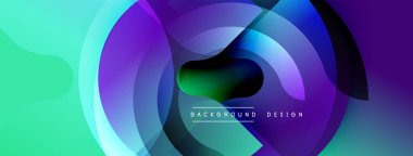 Soyut canlı katmanlar dinamik bileşim yaratır. Mor, yeşil, mavi renkler kusursuz bir şekilde harmanlanır. Modern tasarım enerjiyi, hareketi, derinliği çağrıştırıyor. Düz eğimler, dairesel biçimler.