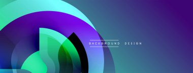 Soyut tasarım. Üst üste binen daireler dinamik bileşim yaratır. Değişik renkler, mavi, yeşil, mor. Modern estetik. Minimalist tarzda. Sorunsuz geçişler.