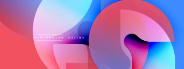 Soyut şekiller örtüşüyor, canlı renk değişimleri yaratıyor. Kırmızı, mavi, mor, pembe renkler arasındaki yumuşak geçişler modern tasarımı oluşturur..