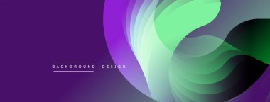 Soyut tasarım. Üst üste binen katmanlar akışkan şekiller yaratır. Mor, yeşil renkler baskın. Modern estetik. Minimalist kompozisyon. Yumuşak eğimler. Dinamik hareket.