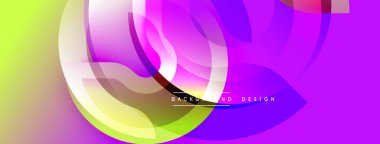 Parlak soyut tasarım. Üst üste binen çemberler canlı gradyanlar yaratır. Mor, yeşil, pembe renkler egemen. Modern estetik, pürüzsüz geçişler.