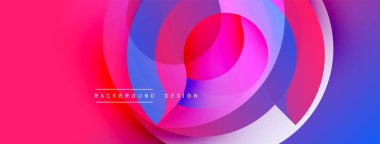 Soyut enerjik tasarım. Üst üste binen daireler dinamik bileşim yaratır. Pembe, mavi, mor renkler düzgün bir şekilde harmanlanır. Arkaplanlar için modern grafik ögesi.