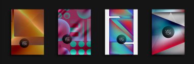 Dört soyut vektör arkaplanı. Canlı renkler, geometrik şekiller tasarımlara hakim. Modern estetik, eğilim derinlik yaratır. Her biri dairesel logo ögesine sahip.