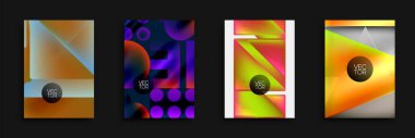 Dört canlı soyut arkaplan. Her biri gradyan, geometrik şekiller, daireler, çizgiler. Tasarımlar arasında Koyu Çember içinde metin VEC TOR yer alıyor. Modern, renkli kompozisyonlar.