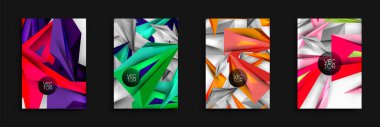 Soyut geometrik tasarımlar baskın. Canlı renkler harmanlanır, dinamik kompozisyonlar oluşturulur. Şekiller örtüşüyor, markalaşma veya dijital sanat için uygun modern arka planlar oluşturuyor. Vektör grafikleri keskin açılar, gradyanlar gösterir.