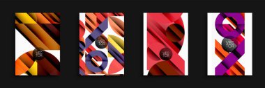 Dört soyut tasarım canlı renk paletleri, geometrik şekiller, üst üste binen katmanlar sergiliyor. Modern estetik, dinamik kompozisyonlar, posterler veya markalaşma malzemeleri için uygun..