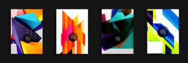 Soyut geometrik tasarımlar bu canlı dikdörtgen kartlara hükmediyor. Parlak renkler, keskin açılar, üst üste binen şekiller modern görsel cazibe yaratır. Vektör grafikleri dinamik bileşimler sunar.