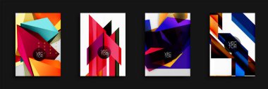 Dört enerjik soyut tasarım. Geometrik şekiller örtüşür, dinamik bileşimler yaratır. Parlak renkler her kareye hakim, metin vektörü mevcut. Modern estetik, cesur görseller.