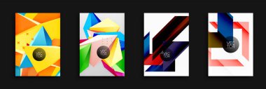 Dört canlı soyut arkaplan. Geometrik şekiller örtüşür, dinamik bileşimler yaratır. Parlak renkler baskın, her dizaynda metin elemanları mevcut. Modern, şık görseller..