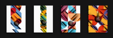 Dört soyut geometrik tasarım. Parlak renkler, katmanlı şekiller dinamik bileşimler yaratır. Arkaplan, poster ve markalaşma için modern vektör çizimleri.