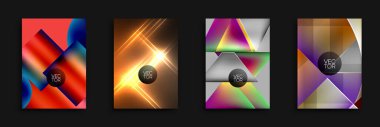 Dört soyut vektör tasarımı. Her biri canlı renk eğimlerine, geometrik şekillere, dinamik çizgilere ve parlak efektlere sahiptir. Çeşitli projeler için modern, şık arka planlar.