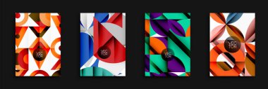 Dört canlı geometrik tasarım. Soyut şekiller örtüşür, dinamik kompozisyonlar oluşturur. Parlak renklendirici, mavi, mor, her posterde tealdominant. Modern estetik, vektör grafikleri.