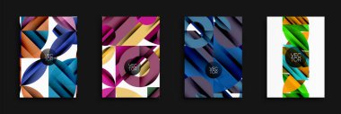 Soyut geometrik tasarımlar baskın. Canlı renkler harmanlanır, dinamik kompozisyonlar oluşturulur. Şekiller örtüşüyor, derinlik, hareket, modern estetik. Vektör grafikleri temiz çizgiler, kalın paletler sunar.