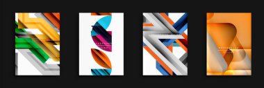 Soyut geometrik tasarımlar canlı renk paletleri sunar. Üst üste binen şekiller, arka plan veya modern grafikler için uygun dinamik kompozisyonlar oluşturur. Temiz çizgiler, gradyanlar her paneli tanımlar.