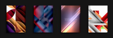 Soyut geometrik arka planlar. Modern tasarımlar canlı renkler, dinamik şekiller, üst üste binen katmanlar içerir. Posterler, el ilanları, dijital medya için uygun.