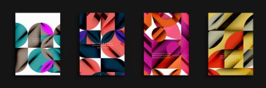 Soyut geometrik tasarımlar. Üst üste binen daireler, üçgenler dinamik bileşimler oluşturur. Modern arka planda canlı renk paletleri, gradyanlar var. Mevcut en küçük metin.
