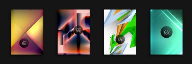 Soyut geometrik tasarımlar görüntüye hakim. Canlı renkler harmanlanır, modern görseller yaratır. Her panelde dinamik şekiller, gradyanlar, metin elementleri var. Minimalist estetik.