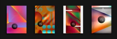 Dört enerjik soyut tasarım. Her birinde geometrik şekiller, gradyanlar, kalın renkler ve daireler içinde vektör metinleri var. Arka plan ya da posterler için uygun modern, dinamik kompozisyonlar.
