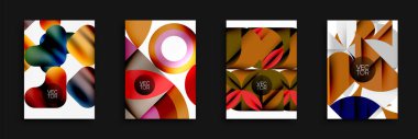Soyut geometrik kompozisyonlar. Canlı renk paletleri tasarımlara hakim. Akışkan şekiller kesişir, dinamik görsel ilgi yaratır. Modern estetik, arka plan veya markalaşma için uygun..