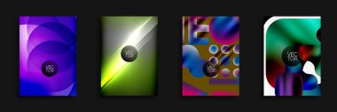 Dört canlı soyut arkaplan. Tasarımlar üst üste binen daireler, sıvı şekiller, parlak eğimler, dinamik bileşimler. Çeşitli projeler için modern vektör çizimleri.
