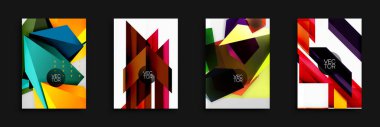 Soyut geometrik tasarımlar bu dört postere hakim. Canlı renkler, üst üste binen şekiller dinamik kompozisyonlar oluşturur. Modern vektör illüstrasyonları çağdaş sanat veya markalaşma materyalleri.