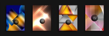 Dört soyut vektör arkaplanı. Geometrik şekiller örtüşür, dinamik bileşimler yaratır. Ilık renkler baskın, gradyanlar ve ışık efektleri mevcut. Tasarımlar modern estetiği akla getiriyor.