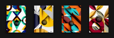 Dört soyut geometrik tasarım. Parlak renkler, üst üste binen şekiller dinamik kompozisyonlar oluşturur. Modern vektör çizimleri arka plan veya kapaklar için uygundur. Minimalist estetik.