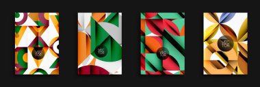 Dört soyut vektör arkaplanı. Geometrik şekiller örtüşür, canlı renk kombinasyonları yaratır. Tasarım özellikleri üçgenler, daireler, kareler, modern estetik.