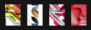 Soyut geometrik tasarımlar. Dört canlı arkaplan, katmanlı şekiller, gradyanlar, dinamik bileşimler içerir. Modern biçim, dijital projeler veya yazdırma ortamları için uygun.
