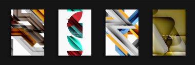 Soyut geometrik tasarımlar. Dört kare arkaplan, katmanlı şekiller, canlı renkler, dinamik kompozisyonlar içerir. Modern estetik, dijital projeler veya yazdırma ortamları için uygun.