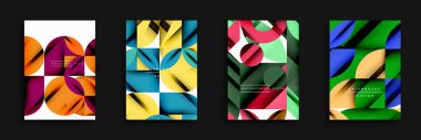 Soyut geometrik arka planlar. Üst üste binen daireler, kareler canlı desenler oluşturur. Modern tasarımlar kalın renkler, gradyanlar ve temiz çizgiler kullanır. Minimalist estetik.