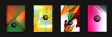 Dört soyut vektör arkaplanı. Canlı renkler karışıyor, dinamik geometrik şekiller yaratıyor. Tasarımlar, gradyanlar, çizgiler, üçgenler, modern estetik.