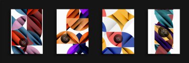 Dört soyut geometrik tasarım. Her özellik üst üste binen şekiller, canlı renkler, gradyanlar, artı vektör metni. Modern estetik, temiz çizgiler, dinamik kompozisyonlar.
