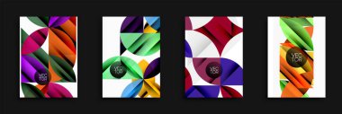Dört canlı geometrik tasarım. Her biri üst üste binen şekiller, kalın renkler, gradyanlar. Arkaplan, poster ve markalaşma için modern vektör çizimleri.